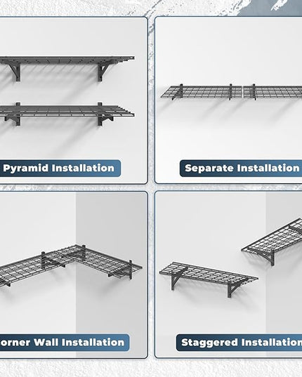 2 Pack Heavy Duty Garage Wall Shelving Set (1.5x4ft), Wall Mounted Garage Shelves 700lbs Capacity, 18"x48" Shelf Storage Rack Floating Shelves, Black