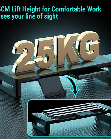 GOWENIC Monitor Stand Riser for Desk with 4 USB 3.0 Hub, Foldable Computer Screen Riser with Storage Drawer and Phone Holder, Desk Organizer for PC Laptop