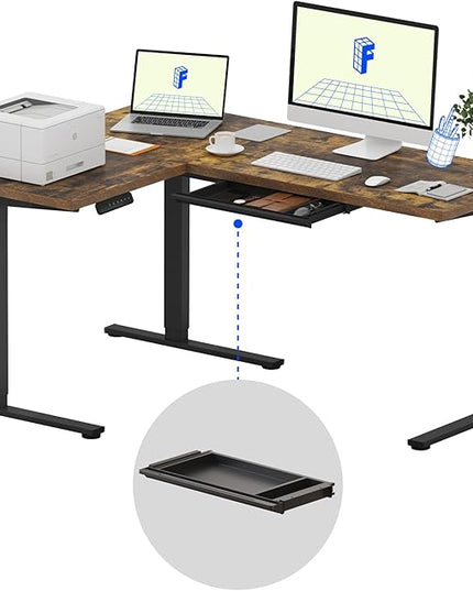 FLEXISPOT L Shaped Standing Desk, 63 x 47 Inch Electric Height Adjustable Corner Desk, Sit Stand Computer Workstation, Preset Controller, Home Office, Black Frame with Rustic Brown Top, Black Drawer