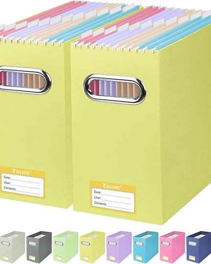 BALEINE File Organizer Box, Cardboard File Folder Organizer with Handle for Letter Size, Portable Collapsible Hanging Filing Box for Home Office Document Storage (2 Pack, Yellow)