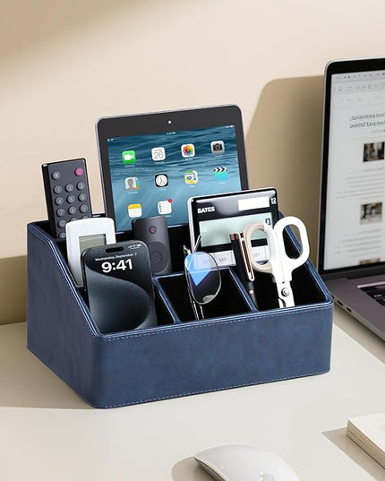 MEIBOOCH PU Leather Desk Organizer, Luxury Remote Control Holder for Home, Office Desk Accessories Table Caddy Bedside Nightstand Organizer (Dark Blue)