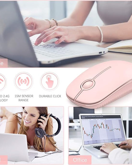 VssoPlor Wireless Mouse, 2.4G Slim Portable Computer Laptop Mouse with Nano Receiver Quiet Silent Optical Mice for Notebook, PC, Laptop, Computer-Pure Pink