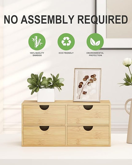 Bamboo Desk Organizer with Drawers - Small Desktop Countertop Mini Tabletop Storage Container - No Assembly Required