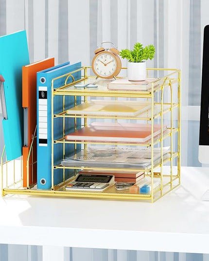 Marbrasse Desk Organizer with File Holder, 5-Tier Paper Letter Tray, Mesh Desk Organizers and Accessories with Magazine Holder, Desktop Organizer and Storage for Office Supplies (Gold)