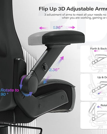 600lbs Big and Tall Office Chair- Heavy Duty Executive Computer Chair with 3D Flip Arms Large Wheels, Ergonomic Mesh High Back Desk Chair, Extra Wide Seat Adjustable Lumbar Support&Headrest