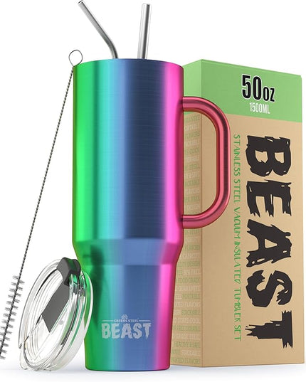 Beast 50 oz Tumbler with Handle Stainless Steel Vacuum Insulated Coffee Ice Cup Double Wall Travel Flask (Rainbow)