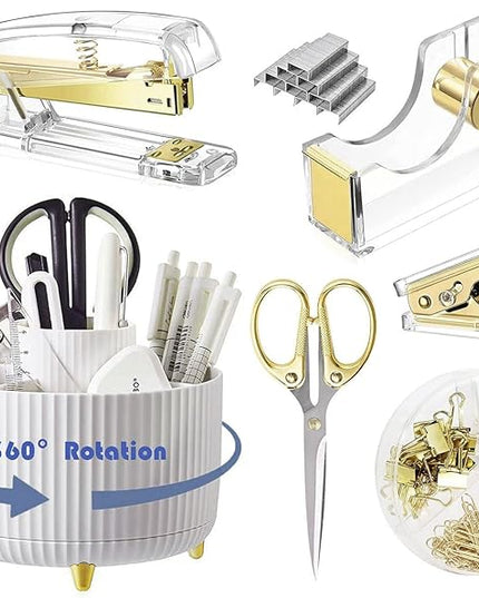 Desk Organizers and Accessories Set with 360-Degree Rotating Pen Holder, Acrylic Stapler, Tape Holder, Staple Remover, Binder/Paper Clips Kit, Scissor and 1 Box of Staples