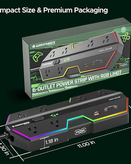 4000J Surge Protector Power Strip with USB Ports, 6 Outlet Power Strip with RGB Lights and PD 20W Fast Charging, Wide-Spaced Outlet Perfect for e-Sports, Game PC, Home and Offices