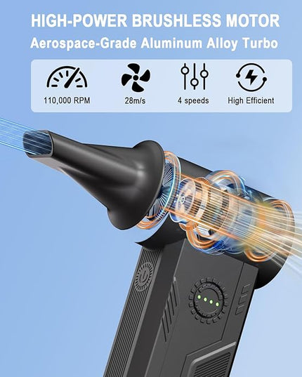 Cordless Electric Air Duster 110K RPM Brushless Motor, 15W Fast Charge, 19.24Wh Rechargeable Battery, 4-Speed Adjustable Dust Blower for PC Cleaning, Electronics, Car & Woodworking, Black