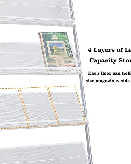 4-Layer Iron Magazine Rack with Wheels, Newspaper Rack, Display Rack, Silver (63)