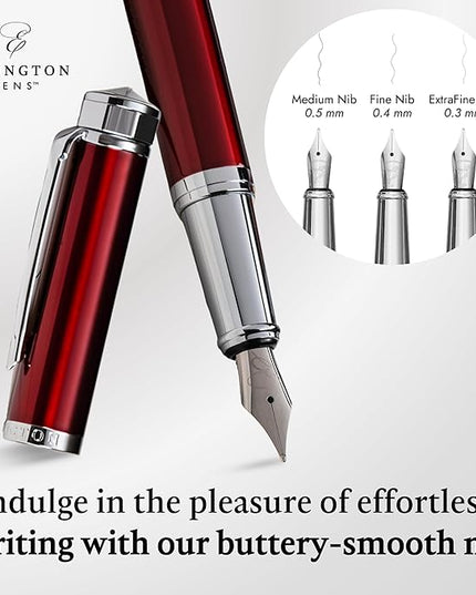 Ellington Pens Luxury Fountain Pen Set - Smooth Fine Nib- Includes 3 Ink Cartridges, Refillable Ink Converter, Gift Box- Fountain Pens For Writing, Calligraphy, Journaling, Sketching (Scarlet Slate)