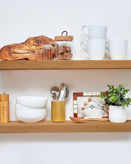 Homeforia 30 inch Golden Oak Floating Shelf, High End Solid Real Wood 30inch Small Floating Shelves for Wall Mounted, Oak Wooden 30in Floating Shelves, Heavy Duty Bracket, 30 X 6.5 X 1.75 in, Set of 3