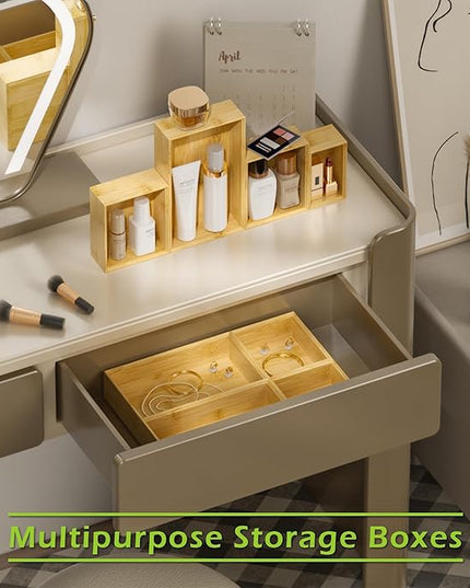 Bathroom Drawer Organizer Trays, Bamboo Silverware Drawer Organizer Kitchen Utensils, 8 PCS Wood Box Stackable Bins for Makeup, Office Desk, Vanity, Junk Drawer