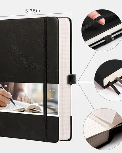 EMSHOI Lined Journaling Notebooks - 120gsm Thick Leather Journal with Sticky Notes, 256 Numbered Pages A5 Hardcover College Ruled Notebook for Women Men Work School Writing, 5.75" x 8.38"-Black