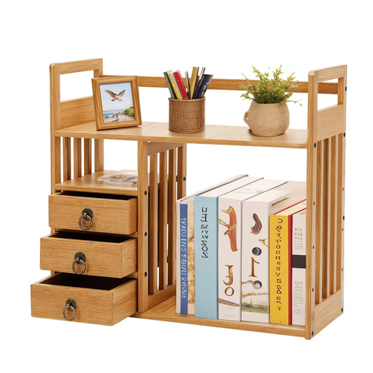 Mahugde Bamboo Desktop Bookshelf, Organizer Office Desk Storage Display Shelf Rack with 3 Drawers Desk File, Office Counter Top Bookcase for Home School