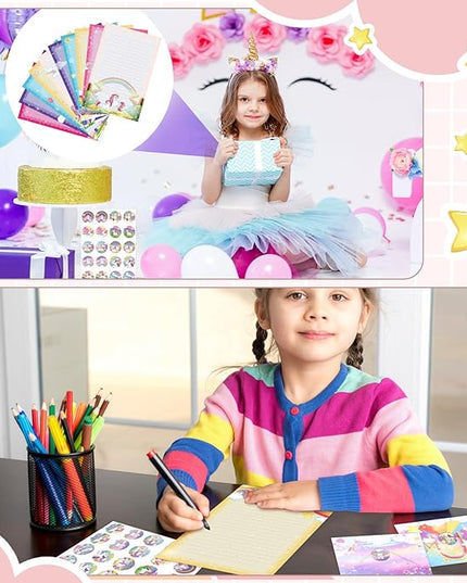 TaoBary 160 Pcs Stationery Paper Set 50 Double Sided Stationery Papers with 50 Matching Envelopes and 60 Round Dot Sticker, 10 Design(Unicorn,5.5 x 8.25 Inch)