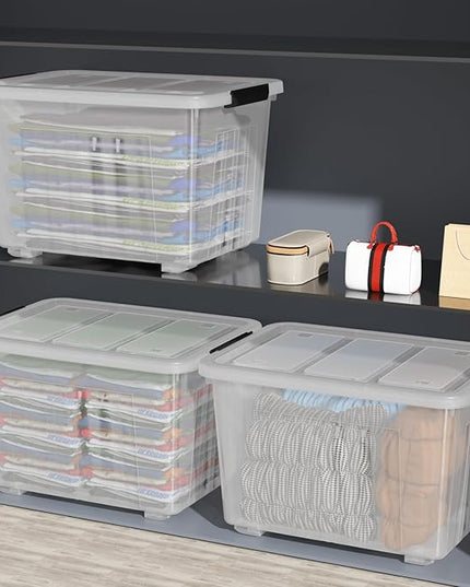 70 Quart Large Plastic Storage Box, Clear Latching Bin with Lid and Wheels, 4 Packs