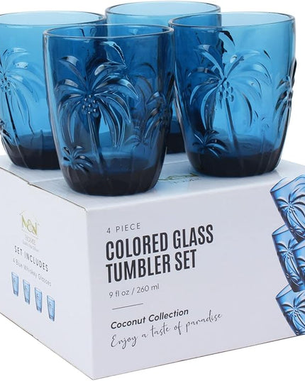 M&N HOME Colored Whiskey Glasses, Set of 4 Colorful Drinking Glasses, 9 Oz Coconut Cups, Glass Tumblers, Glass Cups for Water and Juice, Tiki Cups, Tropical Themed Glassware Set - BLUE SET