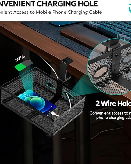 Pulchrum Under Desk Drawer Organizer Clamp On - 360° Swivel Metal Mesh Storage Basket, Hidden Rotating Desktop Tray for Standing Desk, Office Supplies & Gaming (No Drill, Black)