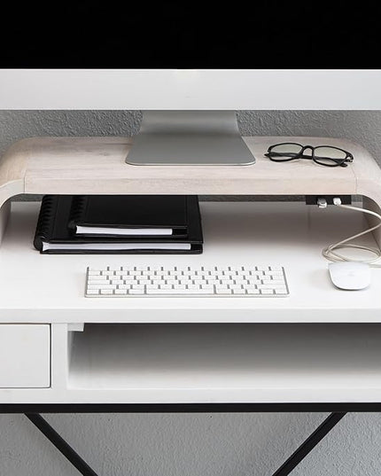 Anji Mountain Wood Monitor Stand Riser Desk Desktop Organizer Table for Home, Office Workspace, Laptop Riser, Ergonomic Design Stand for Gaming Setup, with Power Source, White Wash