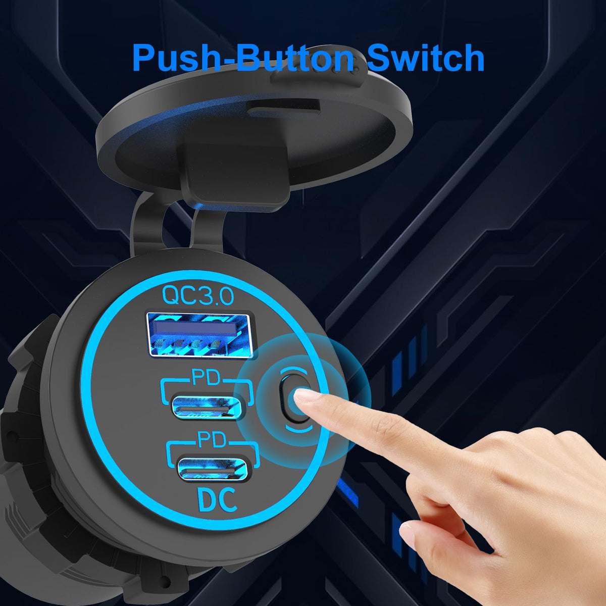 2 Pack USB C Car Charger Socket 12V USB Outlet, 78W Dual 30W PD and 18W QC3.0 Multi Port Cylinder Charger with Button Switch Waterproof for Car Boat RV Marine Golf Cart Truck Bus Motor etc.