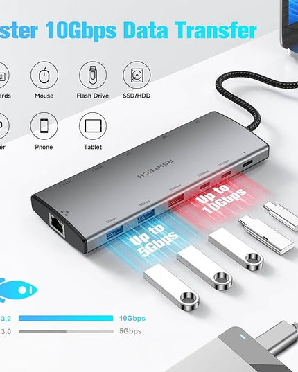 RSHTECH USB C Hub Docking Station Dual Monitor 12 in 1 Triple Display Multiport Adapter with 2 HDMI, 4K DP, 3 USB 3.2 10Gbps, 2 USB 3.0 Ports, 100W PD, Gigabit Ethernet, SD/TF for MacBook, Laptops