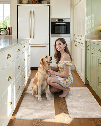 Collive Anti Fatigue Mats for Kitchen Floor, Abstrac Non Slip Kitchen Rugs Sets of 2 Cushioned Modern Desk Mat, Waterproof Comfort Standing Mat for Sink, Home Decor, 20" x 47" + 20" x 32", Beige/Cream
