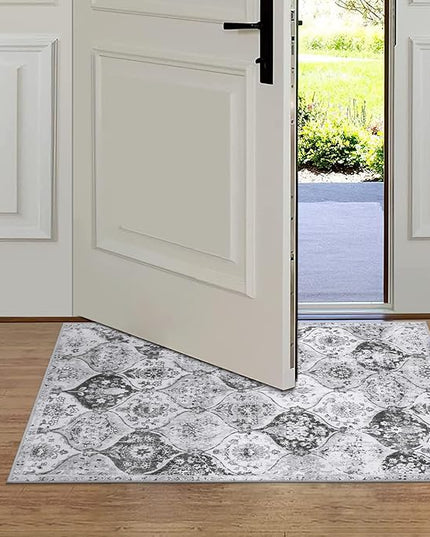 Lahome Moroccan Trellis Washable Rug, 2x3 Kitchen Rugs for Entryway Bathroom, Non-Slip Indoor Door Mat Ultra-Thin, Small Oriental Throw Carpet for Bedroom Entry, Silver/Grey