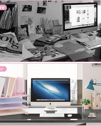 LEKETREE Desk Organizers and Accessories, 3-Tier Paper Organizer with 5 Vertical File Holders, File Organizer for Desk (Pink, 3T)