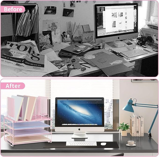 LEKETREE Desk Organizers and Accessories, 3-Tier Paper Organizer with 5 Vertical File Holders, File Organizer for Desk (Pink, 3T)