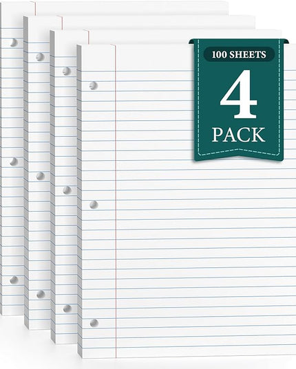 400 Sheets 8.5 x 11 Wide Ruled Paper, Loose Leaf Paper, 3 Hole Punch Paper 8.5 x 11 White Loose Leaf Notebook Paper for 3 Ring Binders, Lined Paper Wide Ruled, Writing Paper (4 Pack)