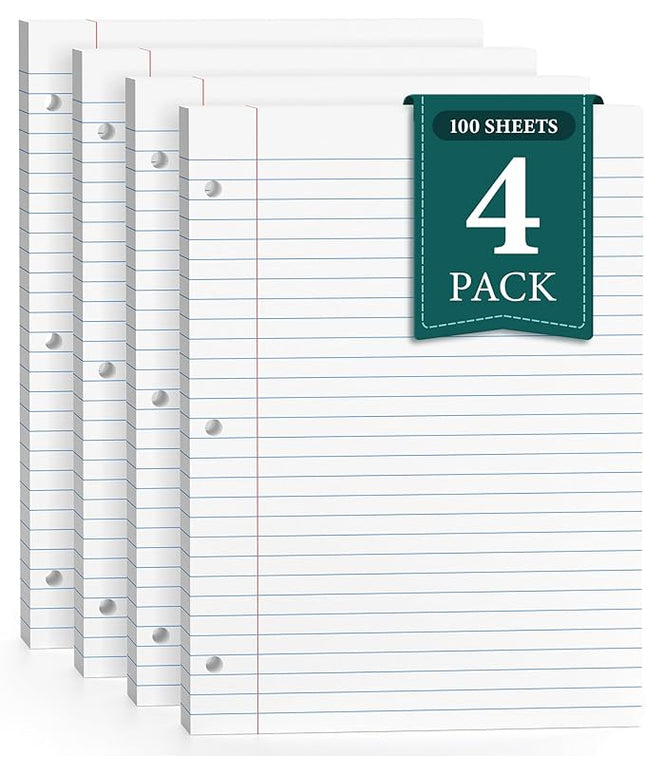 400 Sheets 8.5 x 11 Wide Ruled Paper, Loose Leaf Paper, 3 Hole Punch Paper 8.5 x 11 White Loose Leaf Notebook Paper for 3 Ring Binders, Lined Paper Wide Ruled, Writing Paper (4 Pack)