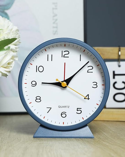 SHISEDECO 4.5" Battery Operated Antique Retro Analog Alarm Clock, Small Silent Bedside Deskclock with Light Function, Non-Ticking Tableclock for Living Room, Bedroom, Bedside, Shelf (Navy Blue)