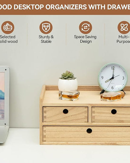 KIRIGEN Wood Organizer Shelf with 3 Drawers for Home Kicthen Decor Office Supplies Desktop Cabinet for Drawer Organizer - Desk Accessories Storage Box -Countertop Shelf Natural（DT2D3C-NA）