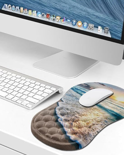 Hokafenle Ergonomic Mouse Pad Wrist Support, Wrist Rest Mousepad for Carpal Tunnel Pain Relief with Integrated Memory Foam Slope Massage Bulge (11.8x7.9 inch,Beach Sunset