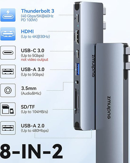 USB C Hub Adapter for MacBook Pro Air 2022 2021 2020 2019 Docking Station for MacBook M1 M2 USB C to HDMI Mac Accessories Multiport Dongle with 4K HDMI USB 3.0 SD TF Thunderbolt 3 USB-C Port Type C