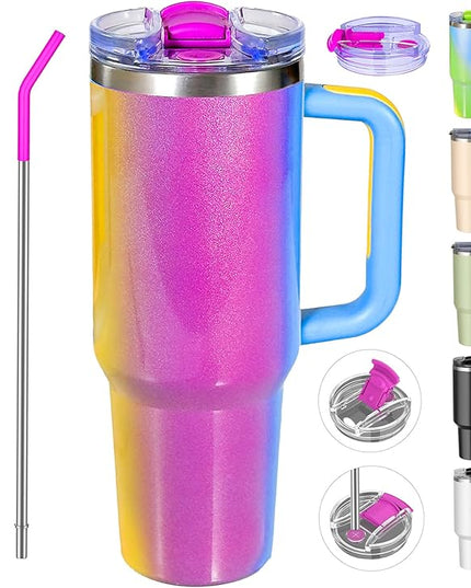 40 oz tumbler with handle and straw,Double Wall Vacuum Reusable Stainless Steel Insulated Water Bottle,With Leak Proof lid and Straw for Iced or Cold Beverages (Carnival)