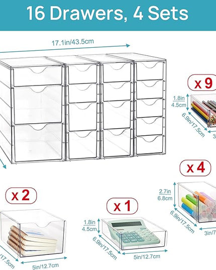 Vtopmart Acrylic Organizer with 16 Drawers (4 Set),Clear Storage Drawers for Office Supplies,Desk Organization and Storage for Makeup,Jewelry,Art Crafts