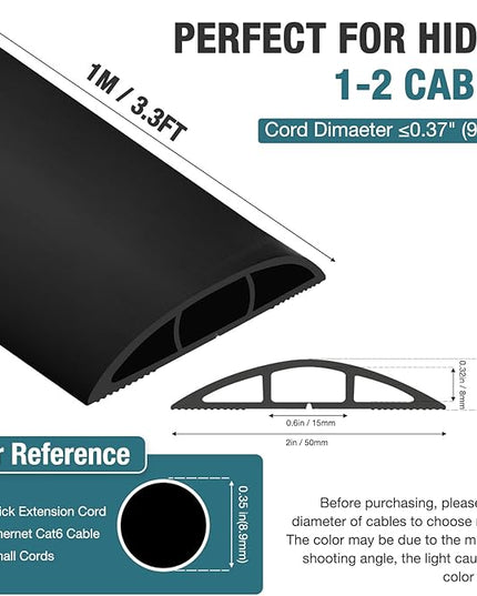 Floor Cord Cover, Cable Protector, 0.63W x 0.31H inches, Wire Cover for Extension Cords, Floor Cable Covers Prevent Cable Trips (Black, 50-3 Feet)