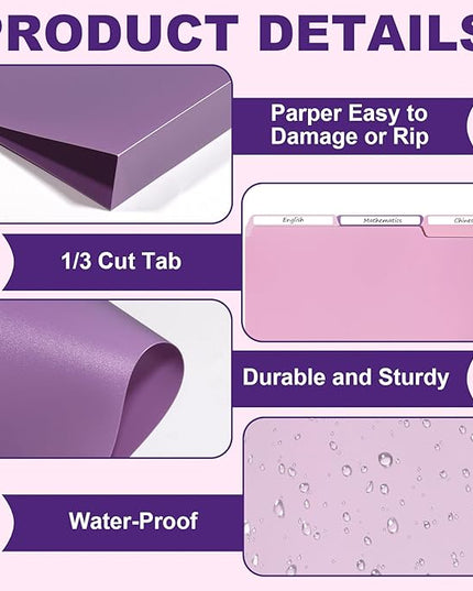 24 Pack Colored File Folders Plastic Purple File Folders Letter Size 1/3 Cut Tabs File Folder Sticky Labels Manila File Folders 8.5 x 11 for Documents Office School Organizer(8 per color) (24, Purple)