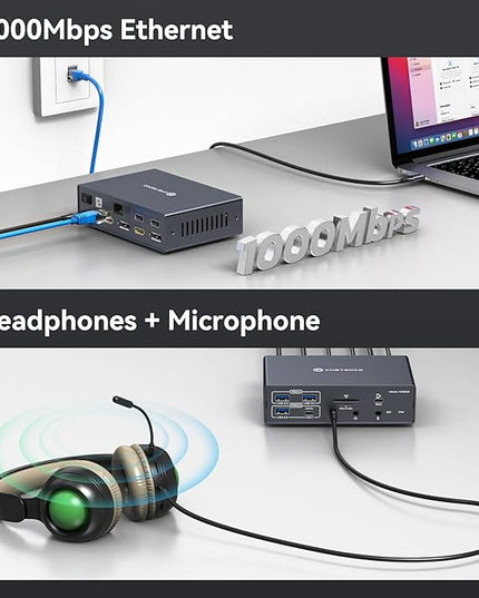 Thunderbolt Docking Station 4K@60Hz 3 Monitors for M1 M2 M3 M4 MacBook/Air with DisplayLink Technology,19-in-1 USB C Dock with 2 HDMI & 2 DisplayPort,PD 100W/USB 3.2 10G USB/Ethernet/Card Readers