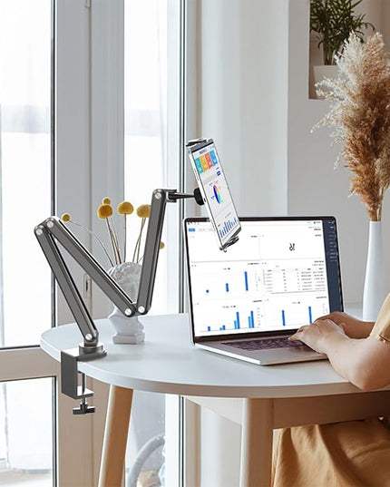 KU XIU Aluminum Alloy Tablet Stand for Desk, Adjustable Foldable Arm Holder Mount Compatible with iPad 10/9th, iPad 13/12.9/11'' Pro Air Mini, Portable Monitor 7-15.6'', Samsung Galaxy Tab S9/FE/A9/S6