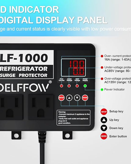 Refrigerator Surge Protector, Time Delay and Real-time Display, Voltage Protector, 2 Outlet Surge Protector for Home Appliances, with Mounting Screws, Black