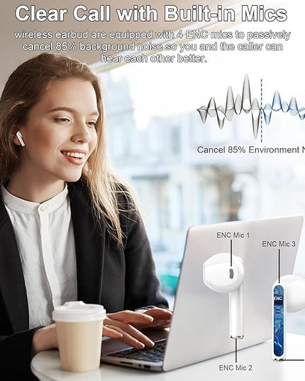 Wireless Earbuds, 2025 Bluetooth 5.3 Headphones HiFi Stereo Ear buds with ENC Noise Cancelling Mics, 40H Bluetooth Earbuds with Dual LED Display, IP7 Waterproof in Ear Earphones for Android iOS, White