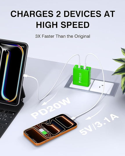 USB C Wall Charger, 60W USB C Charger Block 5-Port PD Fast Charging Blocks,USB A Multiport Plug Brick Cube,Dual Type C Power Adapter for iPhone 17/16/15/14/13/Pro,iPad,Samsung,for Switch（Green 2-Pack）