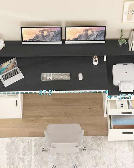 65 Inch Computer Desk with 3 Drawers & Storage Shelves, Executive Desk with File Drawer & Cabinet, Home Office Desk with Long Monitor Stand & Printer Shelf, Black & White