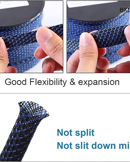 25ft - 3/8 inch PET Expandable Braided Sleeving – BlackBlue – Alex Tech Braided Cable Sleeve