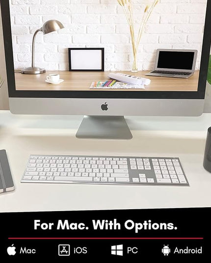 Macally Wireless Bluetooth Keyboard for Mac - Compatible Apple Keyboard or MacBook Pro/Air, iMac - Multi-Device, Up to 3 Devices with 110 Keys, 20 Shortcuts, Numeric Keypad, and Rechargeable - Silver