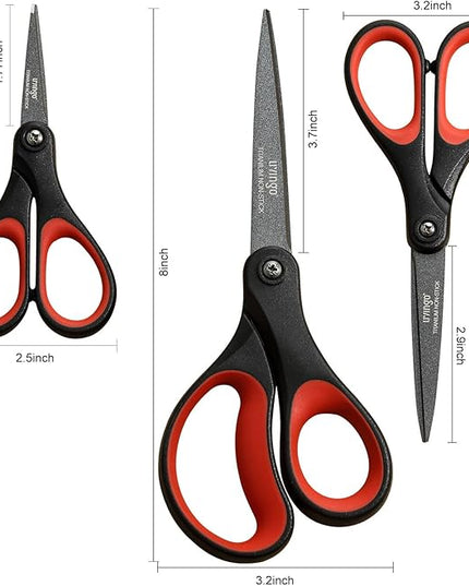 LIVINGO 3 Pack Titanium Scissors All Purpose - Non Stick Stainless Steel Sharp Scissors Set Heavy Duty for Office School Sewing Crafting Cutting Fabric Paper, Comfortable Grip, 5”, 7” & 8”