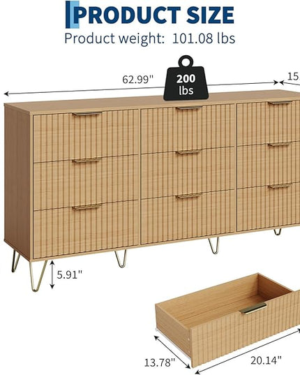 Garvee Fluted Dresser for Bedroom with 9 Drawers,63" Wide Modern Chest of Wooden Bedroom Chest with Metal Handle,Clothes Storage Organizer,Closet Dresser & TV Stand for Living Room,Hallway,Natural